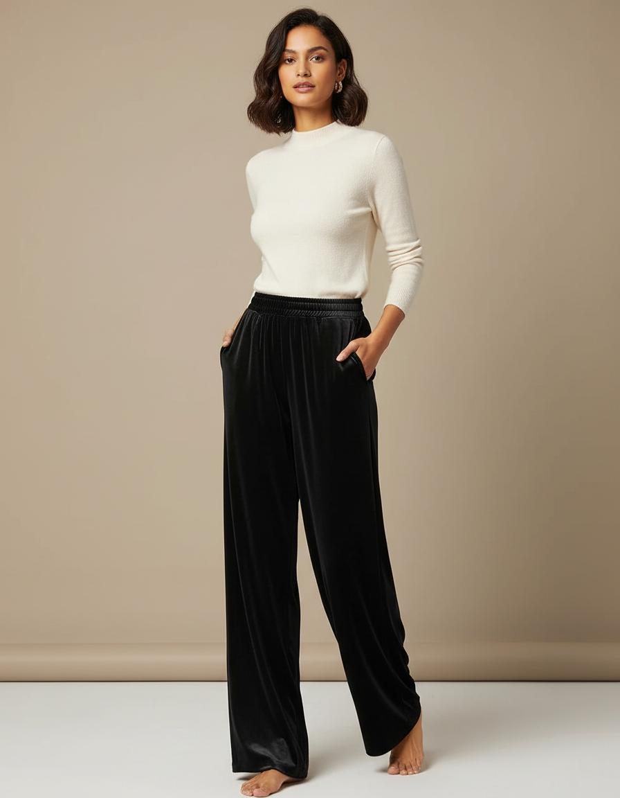 Pantalon Fluide Noir Velours Ample Élégant Femme