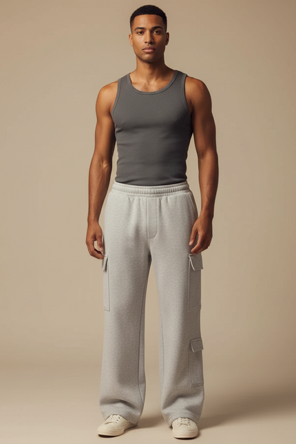 Pantalon Fluide Gris Ample Cargo Coton Homme - Molleton