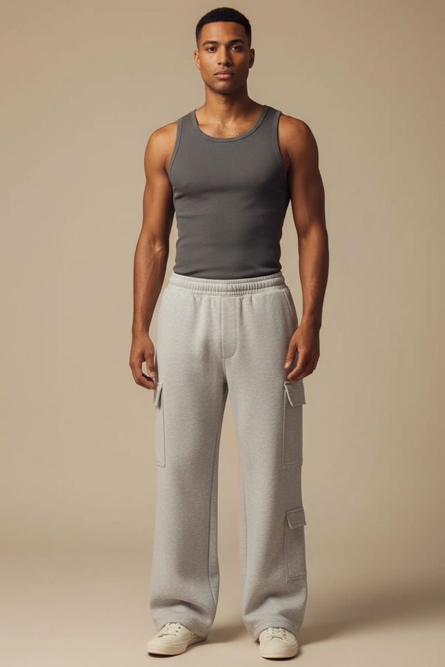 Pantalon Fluide Gris Ample Cargo Coton Homme - Molleton