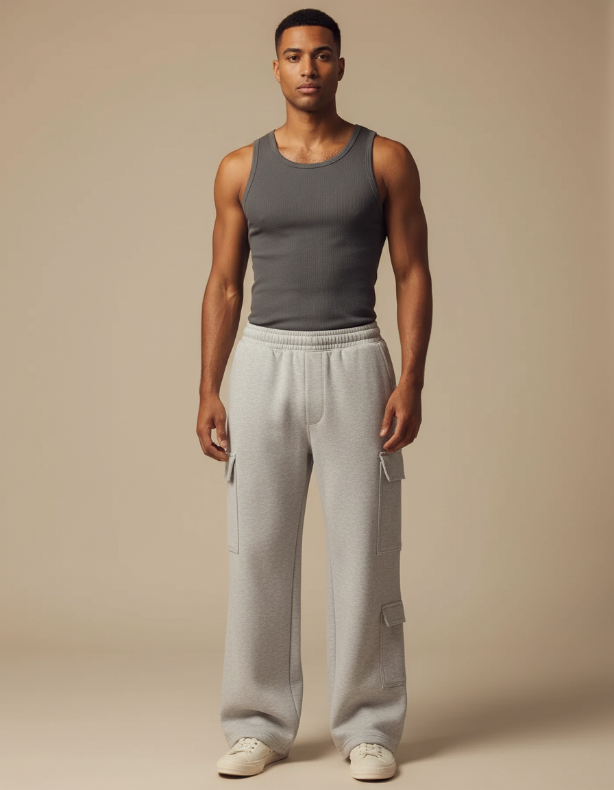 Pantalon Fluide Gris Ample Cargo Coton Homme - Molleton