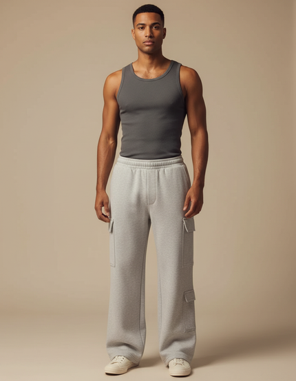 Pantalon Fluide Gris Ample Cargo Coton Homme - Molleton