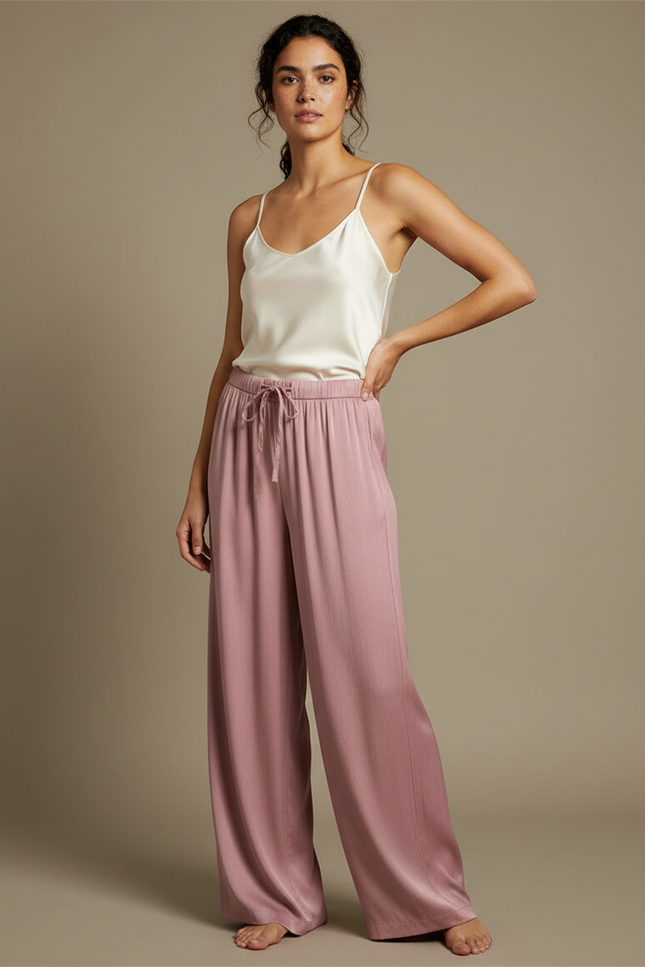 Pantalon Fluide Rose Ample Satiné Décontracté Femme