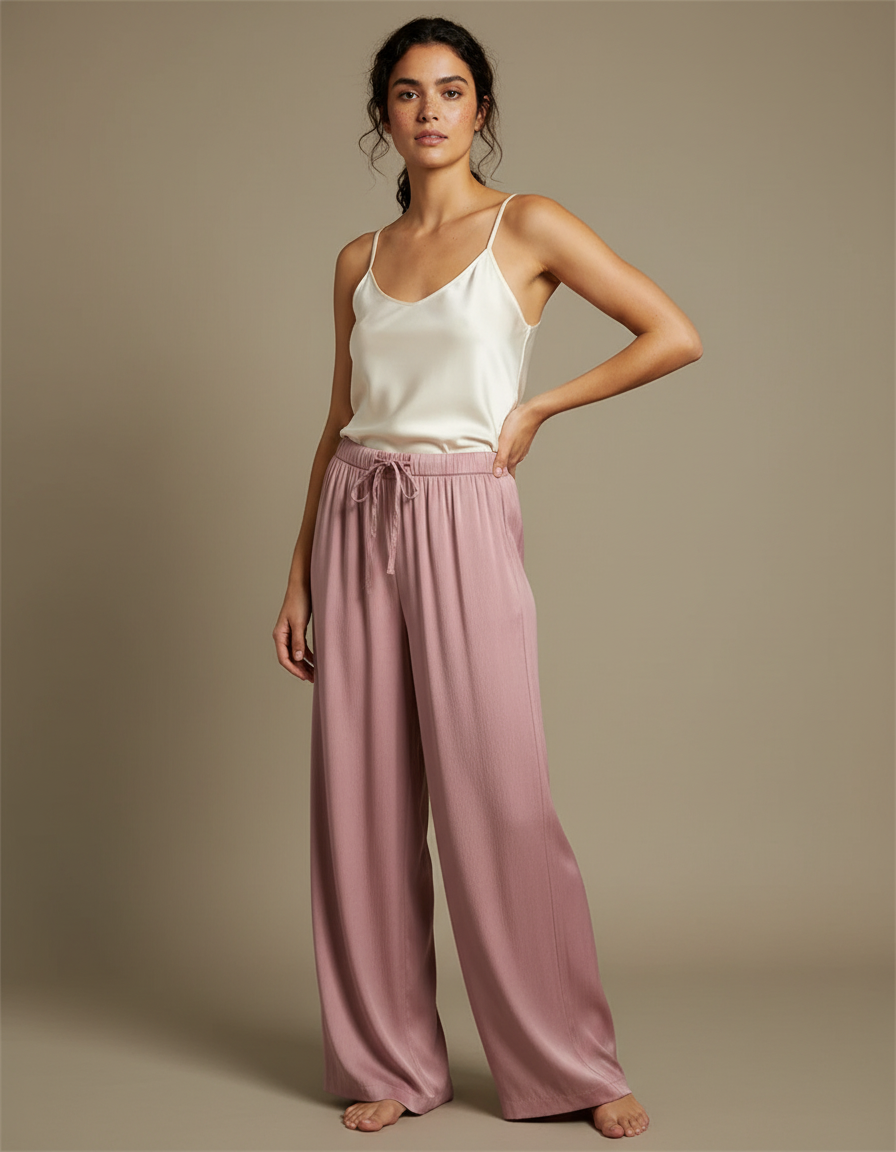 Pantalon Fluide Rose Ample Satiné Décontracté Femme