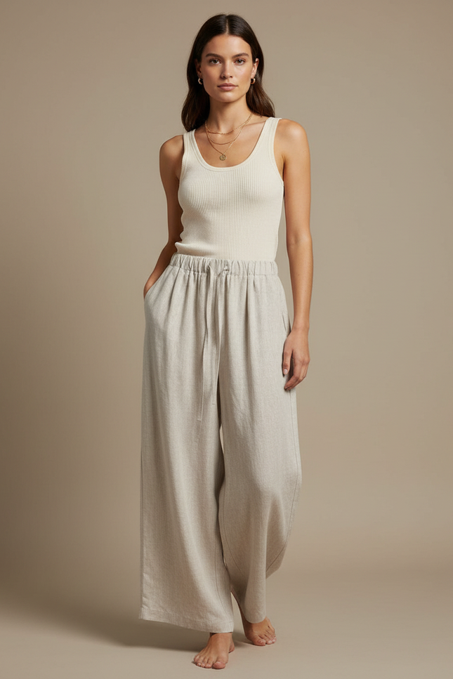 Pantalon Fluide Beige Large Lin Décontracté Femme