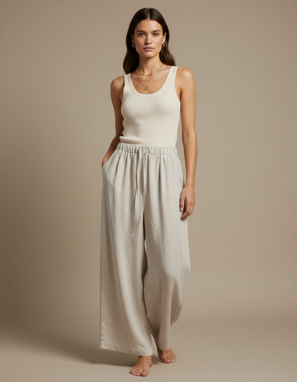 Pantalon Fluide Beige Large Lin Décontracté Femme