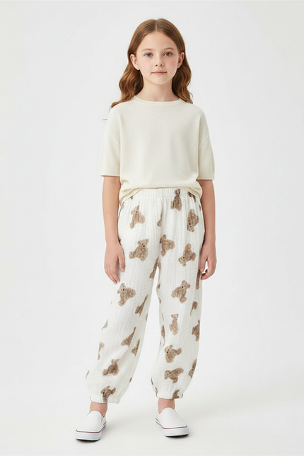 Pantalon Fluide Blanc Imprimé Oursons Enfant - Coton