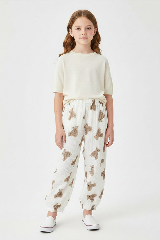 Pantalon Fluide Blanc Imprimé Oursons Enfant - Coton