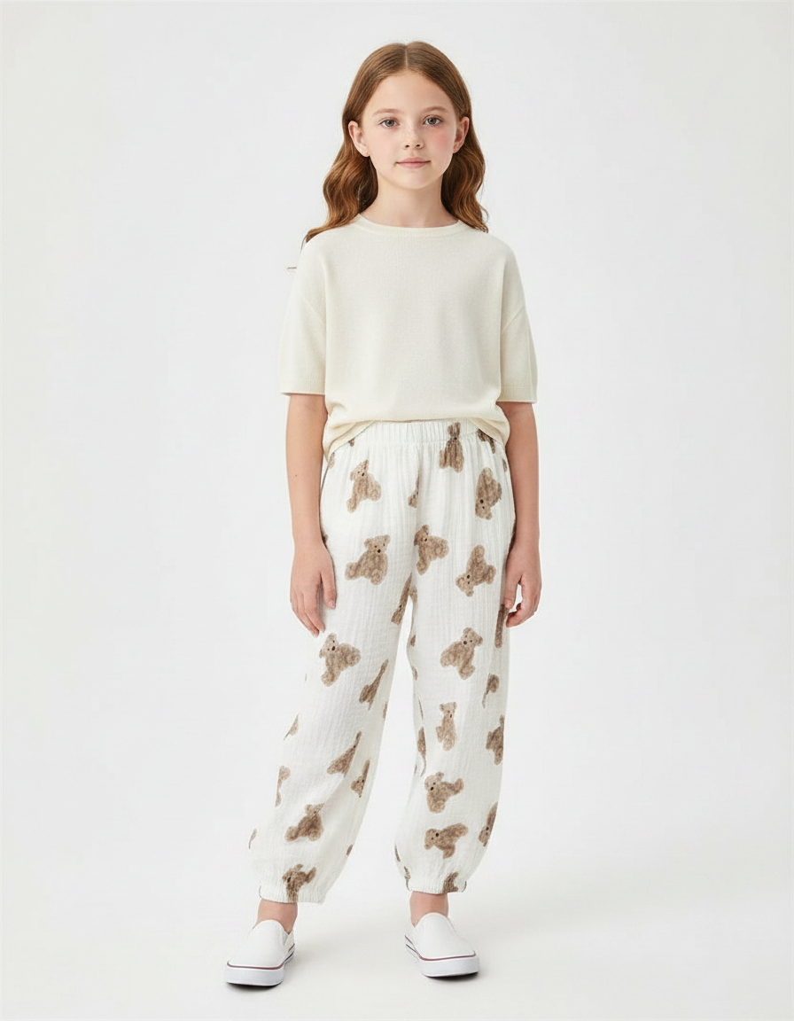 Pantalon Fluide Blanc Imprimé Oursons Enfant - Coton