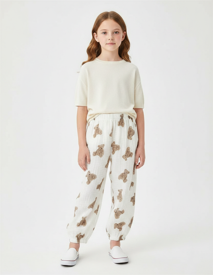 Pantalon Fluide Blanc Imprimé Oursons Enfant - Coton