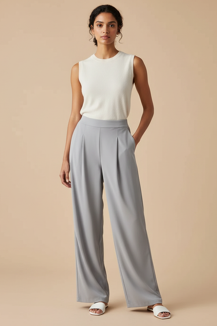 Pantalon Fluide Gris Ample Drapé Décontracté Élégant - Polyester