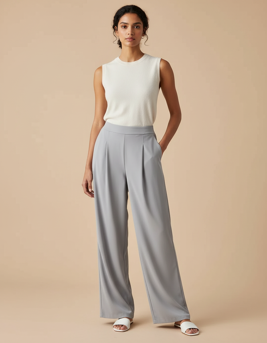 Pantalon Fluide Gris Ample Drapé Décontracté Élégant - Polyester