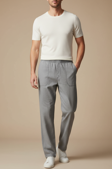 Pantalon Fluide Gris Décontracté Coupe Droite Coton