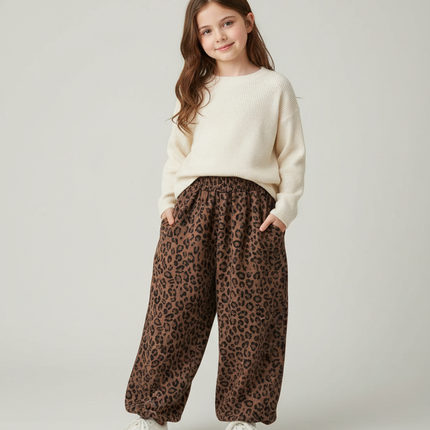 Pantalon Fluide Léopard Marron Ample Élastique Enfant - Molleton