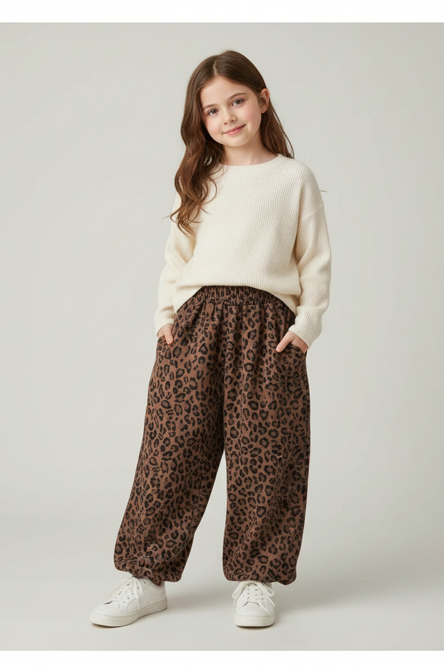 Pantalon Fluide Léopard Marron Ample Élastique Enfant - Molleton