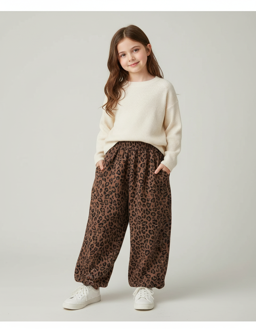 Pantalon Fluide Léopard Marron Ample Élastique Enfant - Molleton