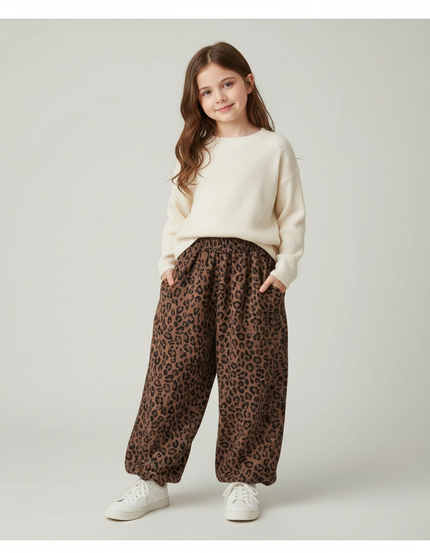Pantalon Fluide Léopard Marron Ample Élastique Enfant - Molleton