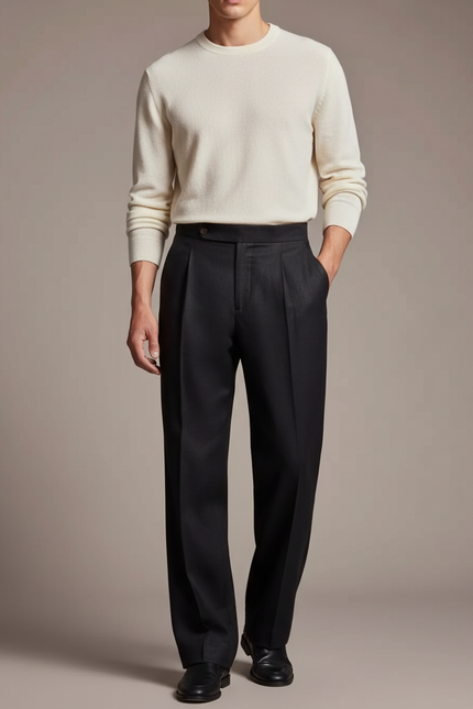 Pantalon Fluide Noir Ample Lin Élégant Plissé Homme