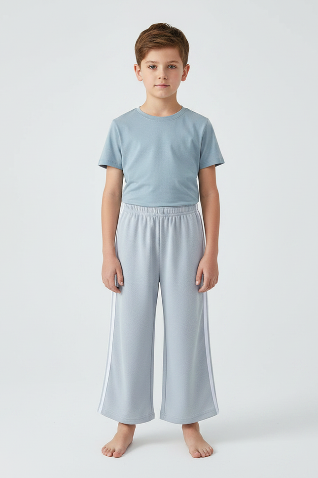 Pantalon Fluide Gris Ample Sport Bandes Blanches Enfant - Molleton