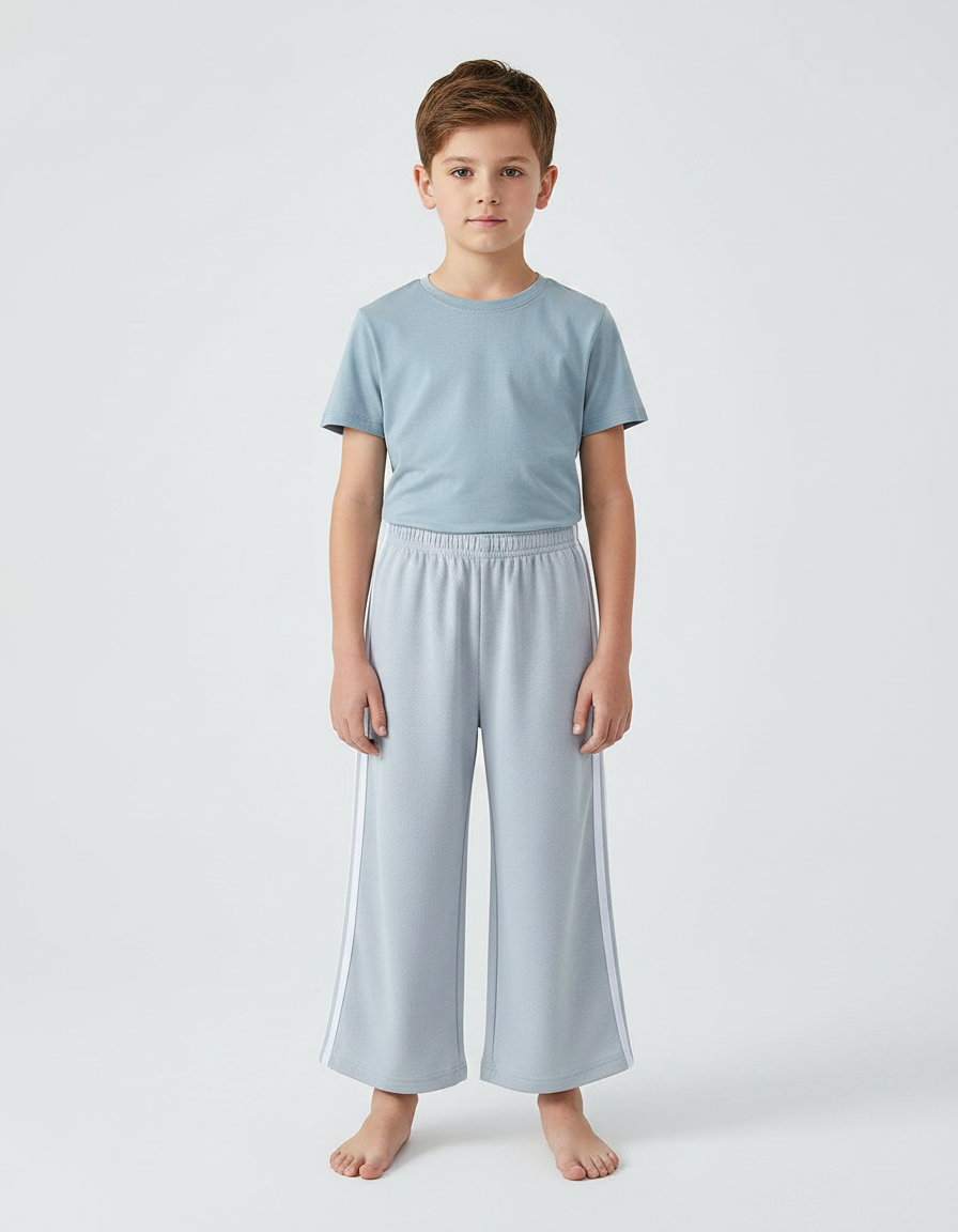 Pantalon Fluide Gris Ample Sport Bandes Blanches Enfant - Molleton