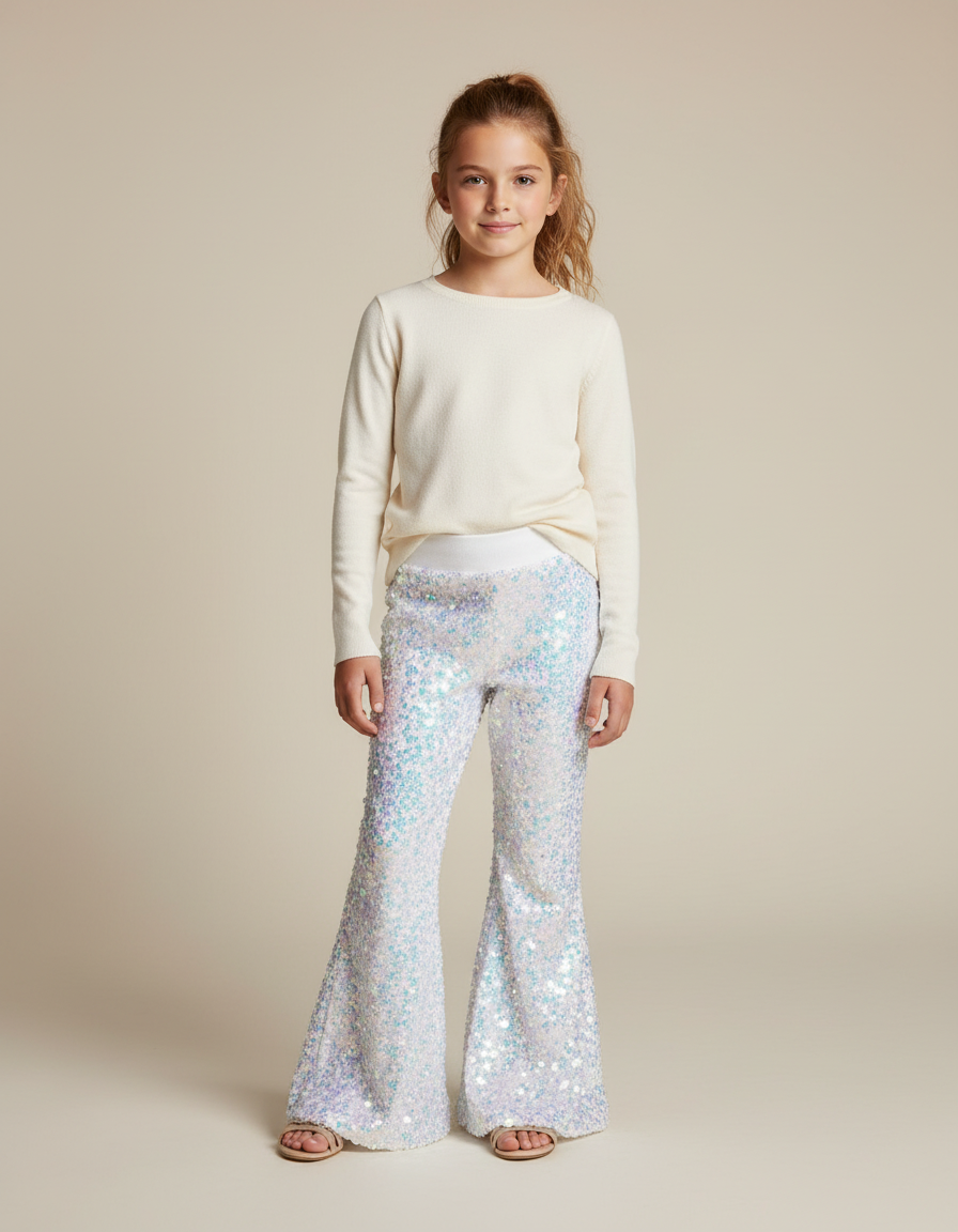 Pantalon Fluide Paillettes Irisées Évasé Confortable Brillant - Multicolore Maille