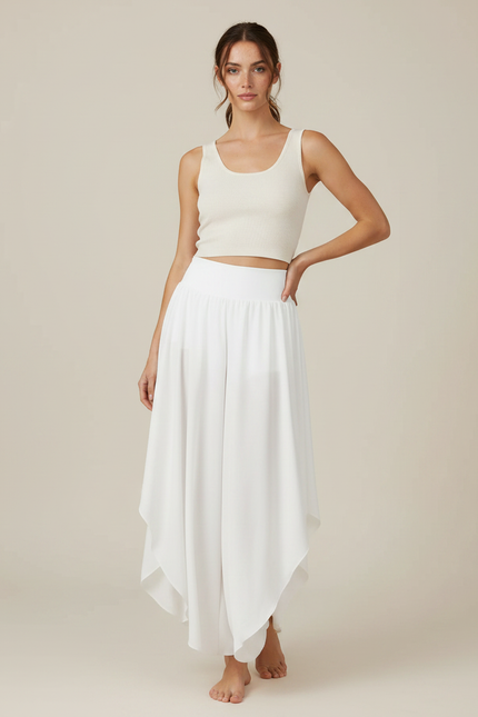 Pantalon Fluide Blanc Ample Taille Haute Léger Estival - Viscose