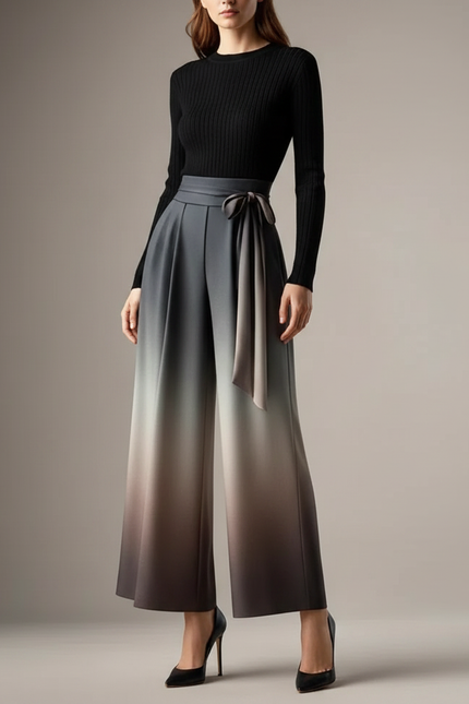 Pantalon Fluide Évasé Dégradé Ceinturé Élégant Femme - Gris Polyester