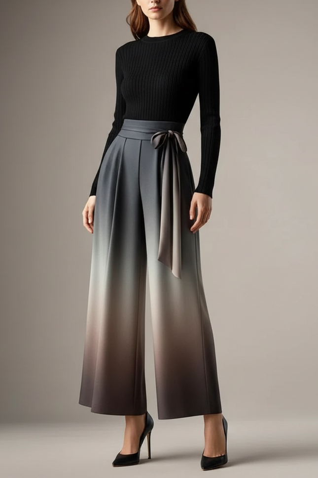 Pantalon Fluide Évasé Dégradé Ceinturé Élégant Femme - Gris Polyester