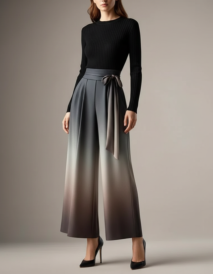 Pantalon Fluide Évasé Dégradé Ceinturé Élégant Femme - Gris Polyester