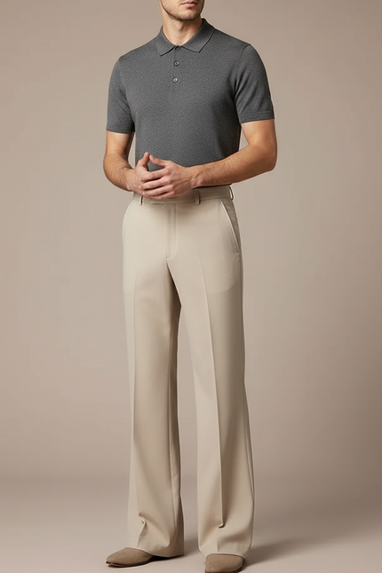 Pantalon Fluide Beige Évasé Taille Haute Élégant Homme - Gabardine