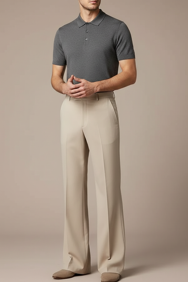 Pantalon Fluide Beige Évasé Taille Haute Élégant Homme - Gabardine
