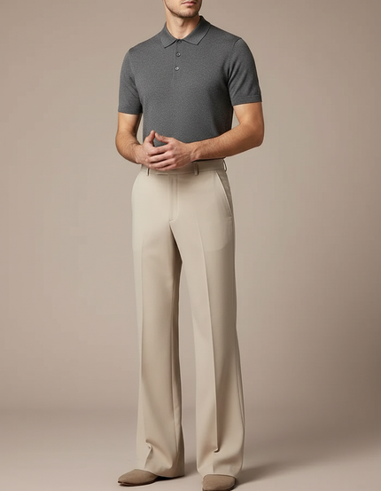 Pantalon Fluide Beige Évasé Taille Haute Élégant Homme - Gabardine