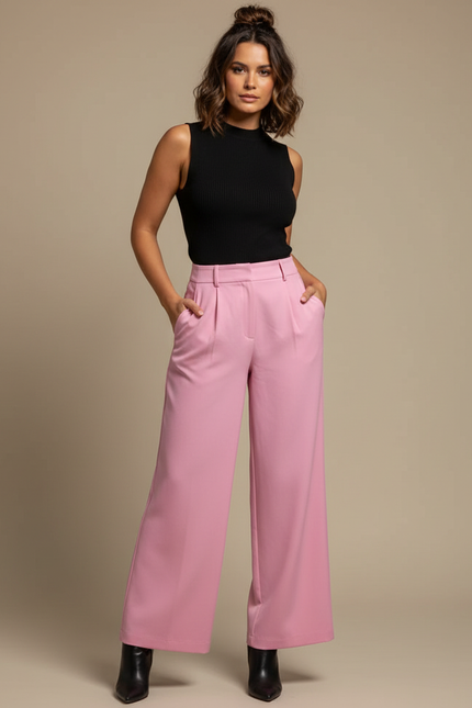 Pantalon Fluide Rose Ample Plissé Taille Haute - Polyester