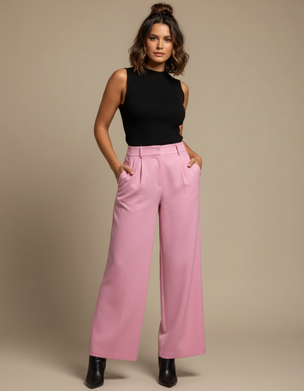 Pantalon Fluide Rose Ample Plissé Taille Haute - Polyester
