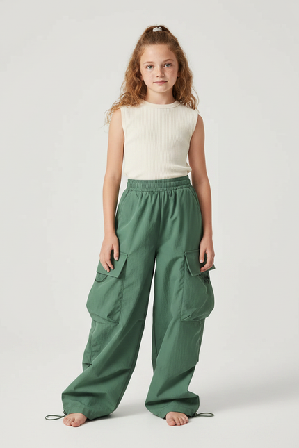 Pantalon Fluide Cargo Vert Ample Coton Enfant Streetwear - Polyester