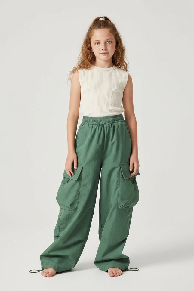 Pantalon Fluide Cargo Vert Ample Coton Enfant Streetwear - Polyester