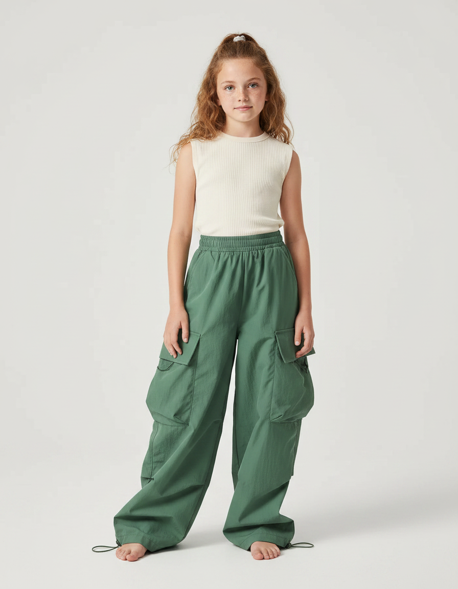 Pantalon Fluide Cargo Vert Ample Coton Enfant Streetwear - Polyester