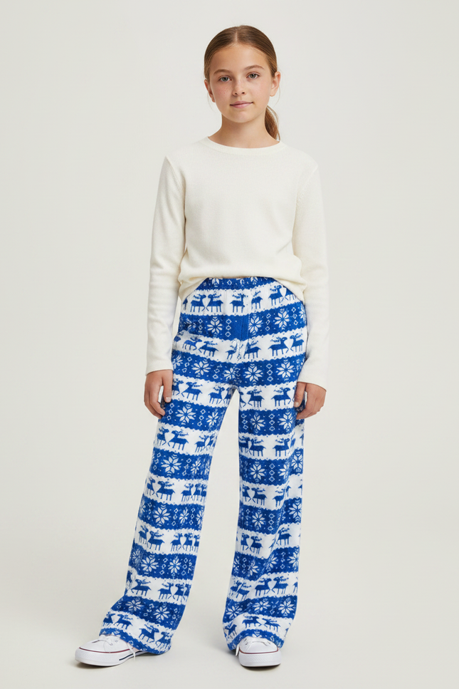 Pantalon Fluide Bleu Noël Imprimé Renne Confortable - Molleton
