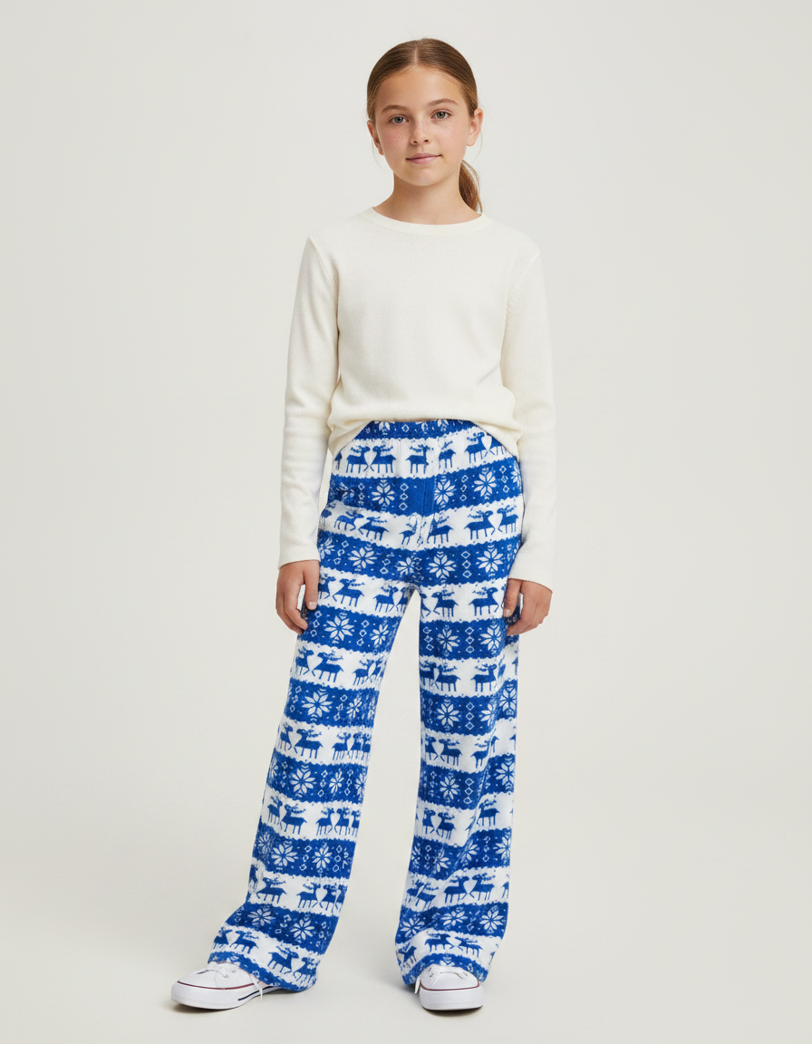 Pantalon Fluide Bleu Noël Imprimé Renne Confortable - Molleton