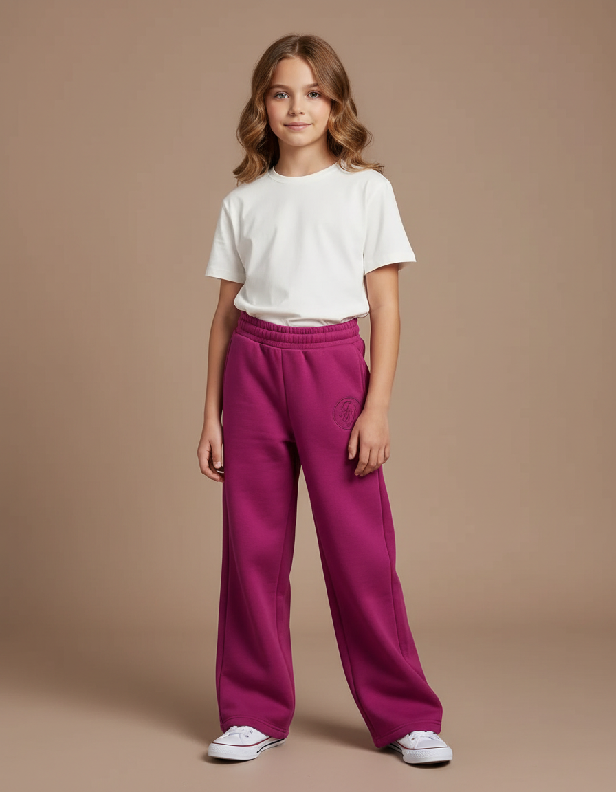 Pantalon Fluide Fuchsia Ample Molleton Brodé Fille - Rose