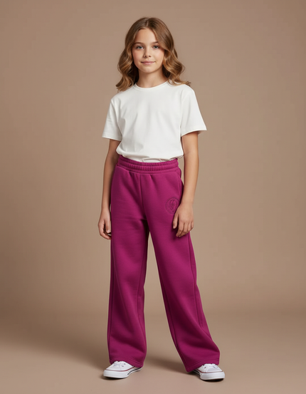Pantalon Fluide Fuchsia Ample Molleton Brodé Fille - Rose