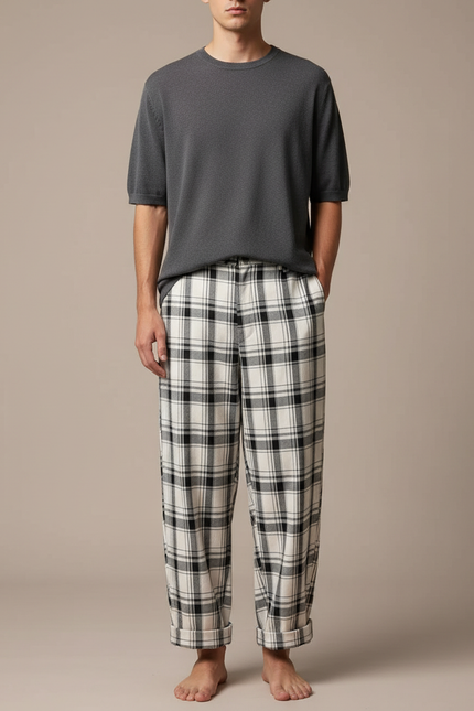 Pantalon Fluide Carreaux Noir Blanc Décontracté Ample Homme - Imprimé Molleton