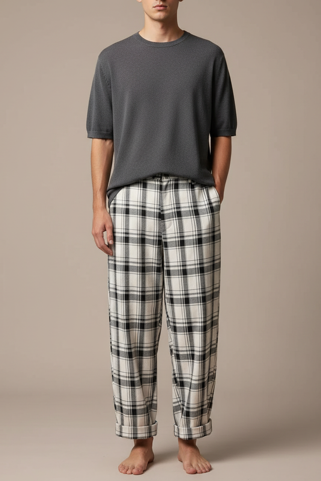Pantalon Fluide Carreaux Noir Blanc Décontracté Ample Homme - Imprimé Molleton