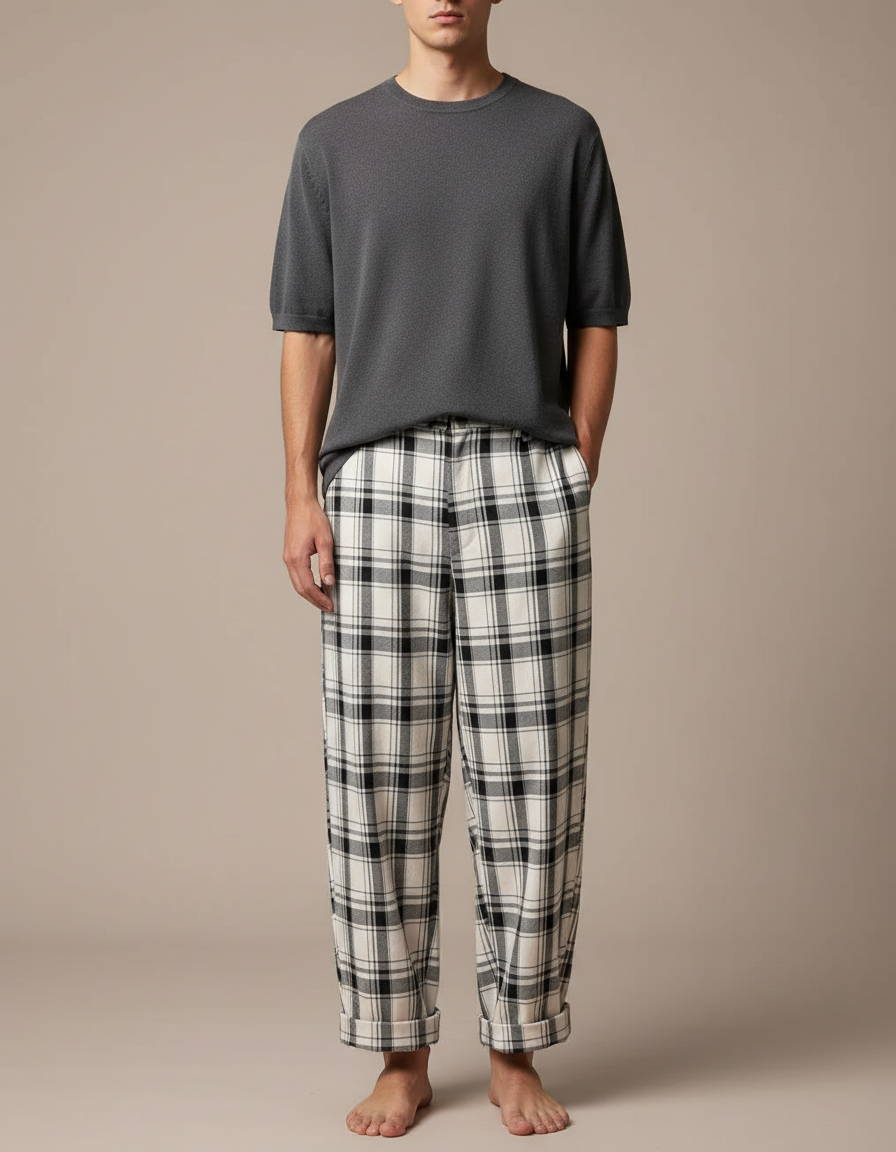 Pantalon Fluide Carreaux Noir Blanc Décontracté Ample Homme - Imprimé Molleton