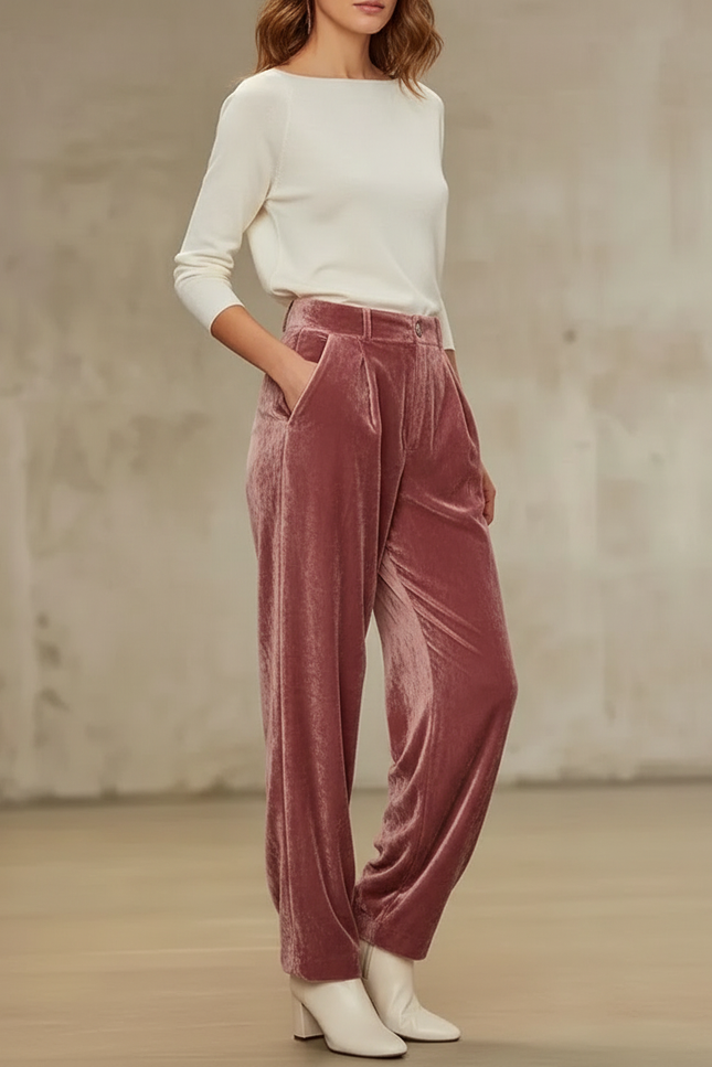 Pantalon Fluide Velours Rose Taille Haute Plissé