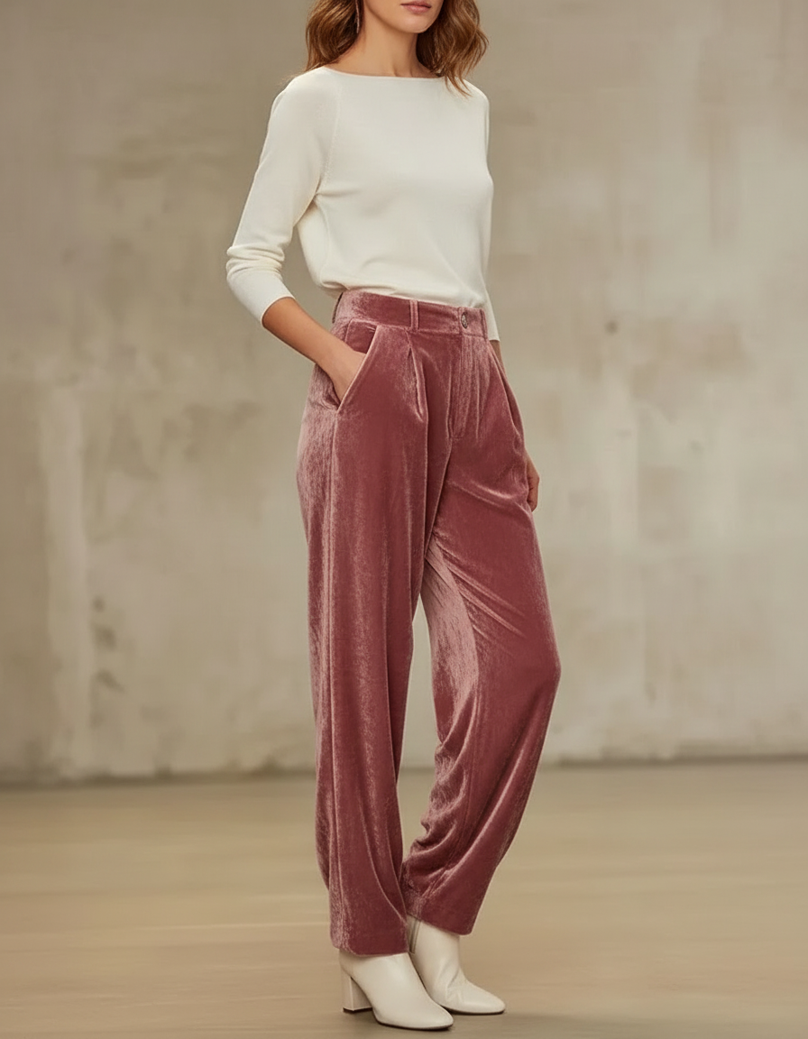 Pantalon Fluide Velours Rose Taille Haute Plissé