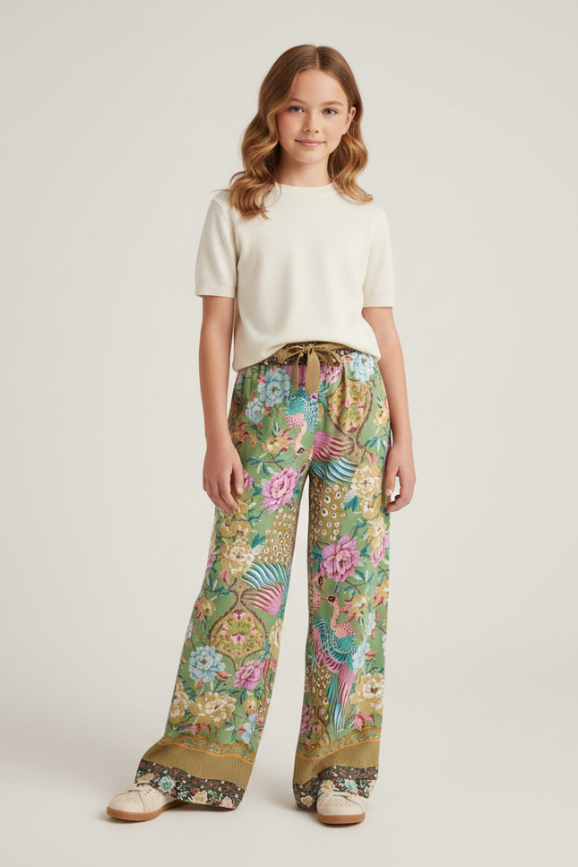 Pantalon Fluide Vert Imprimé Floral Paon Ample - Viscose