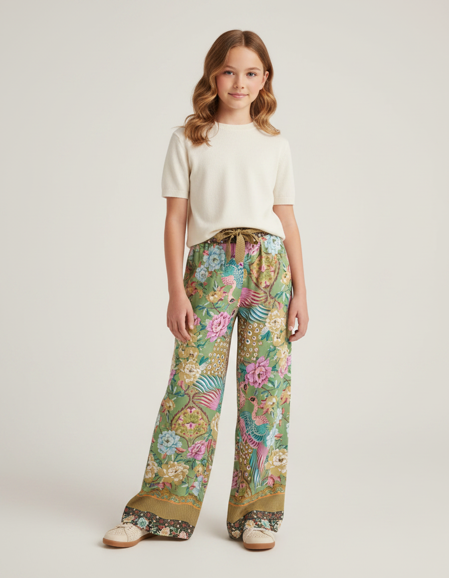Pantalon Fluide Vert Imprimé Floral Paon Ample - Viscose