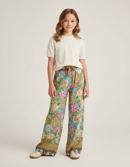 Pantalon Fluide Vert Imprimé Floral Paon Ample - Viscose