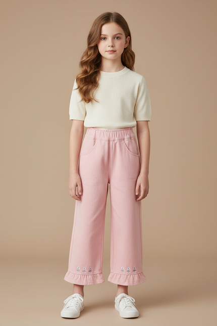 Pantalon Fluide Rose Ample Brodé Volants Fille - Molleton
