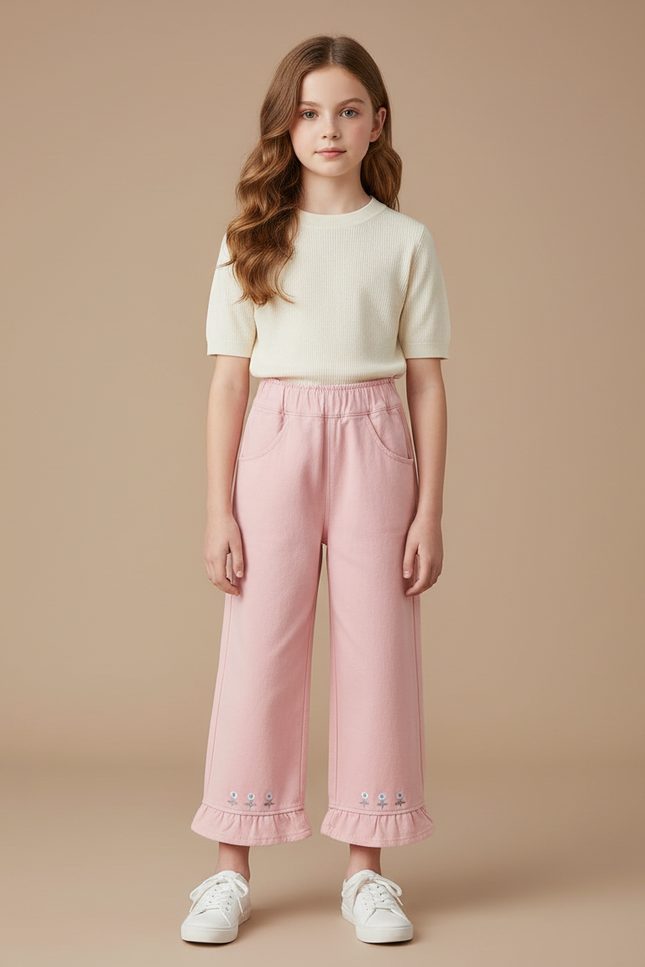 Pantalon Fluide Rose Ample Brodé Volants Fille - Molleton
